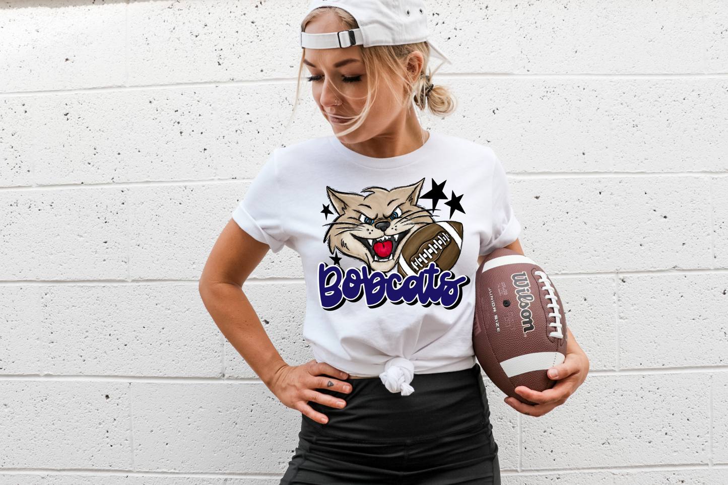Bobcats with mascot- blue letters