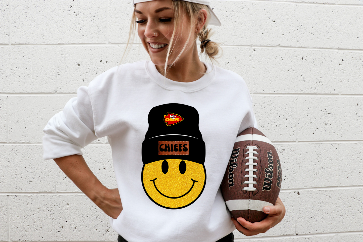 Kansas city Chiefs beanie smiley- yellow sparkle
