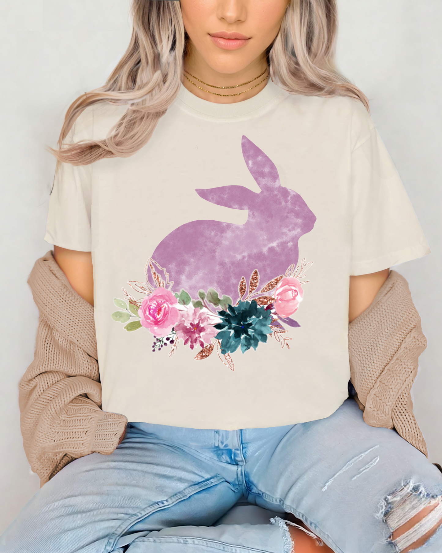 Purple watercolor bunny w/flowers