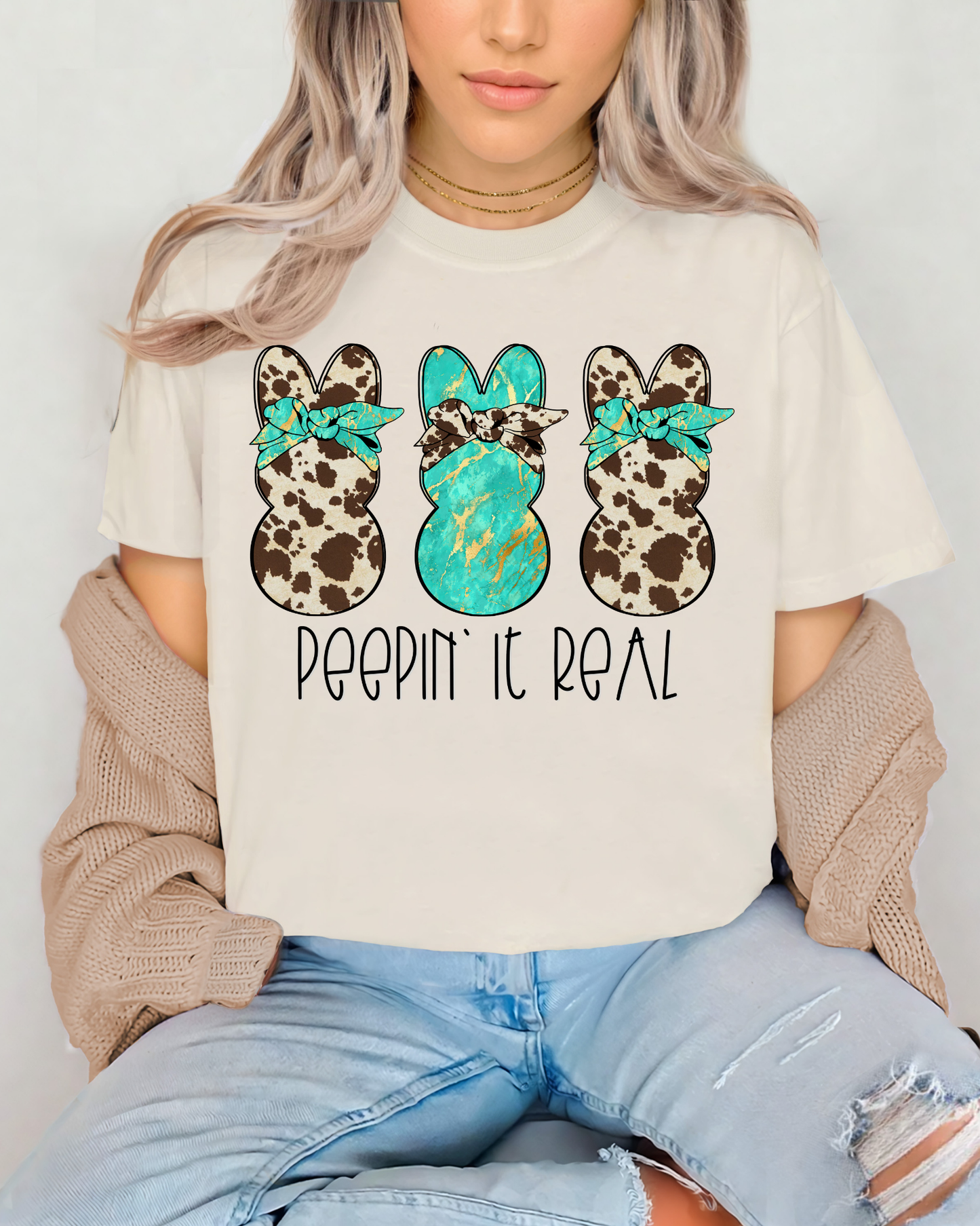 Peepin' it real (turquoise & cow print bunnies)