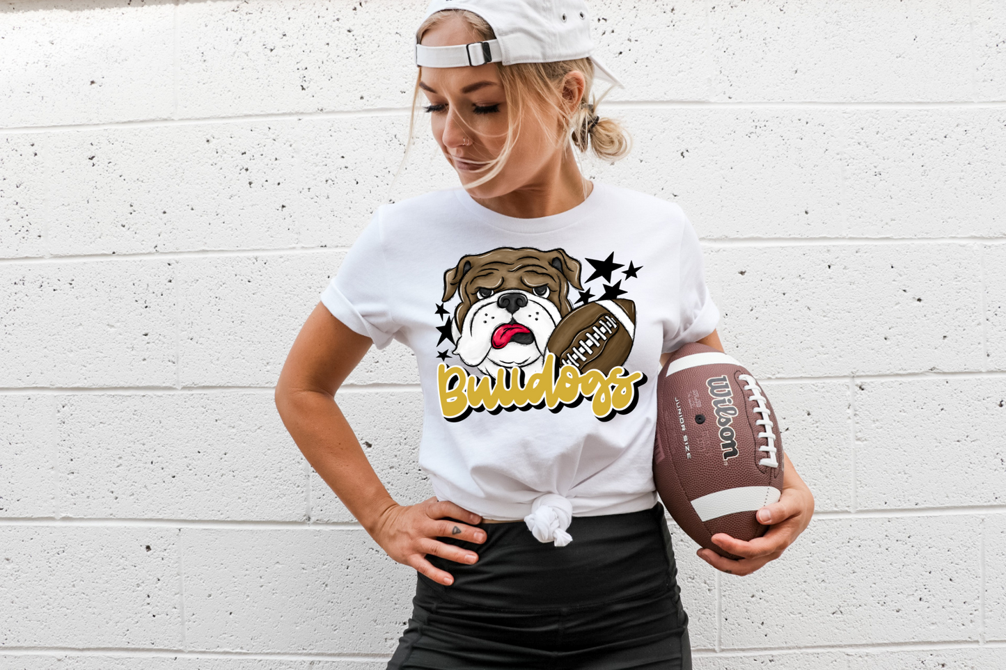 Bulldogs with mascot- yellow letters