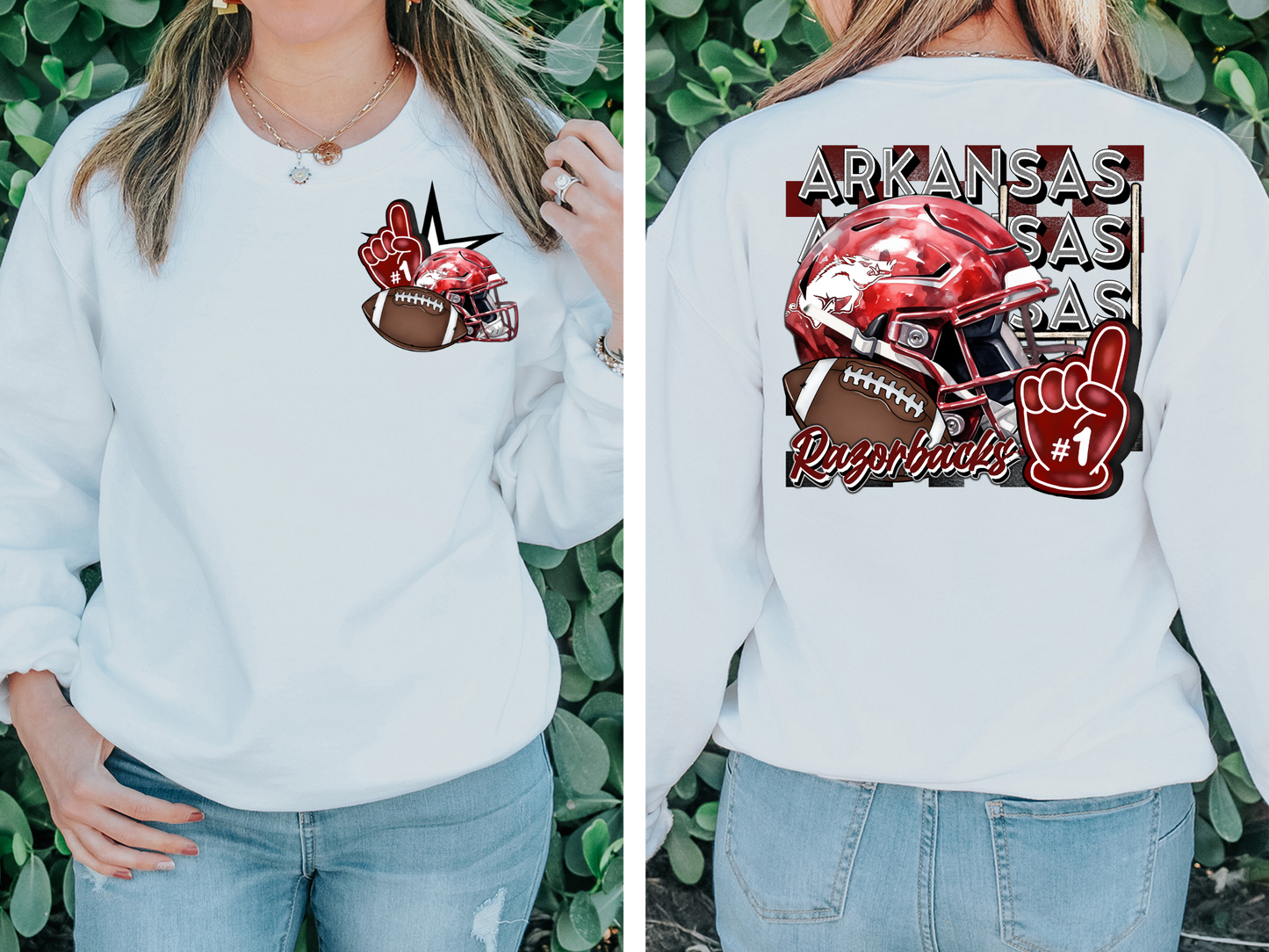 Razorback helmet, foam finger and football - front