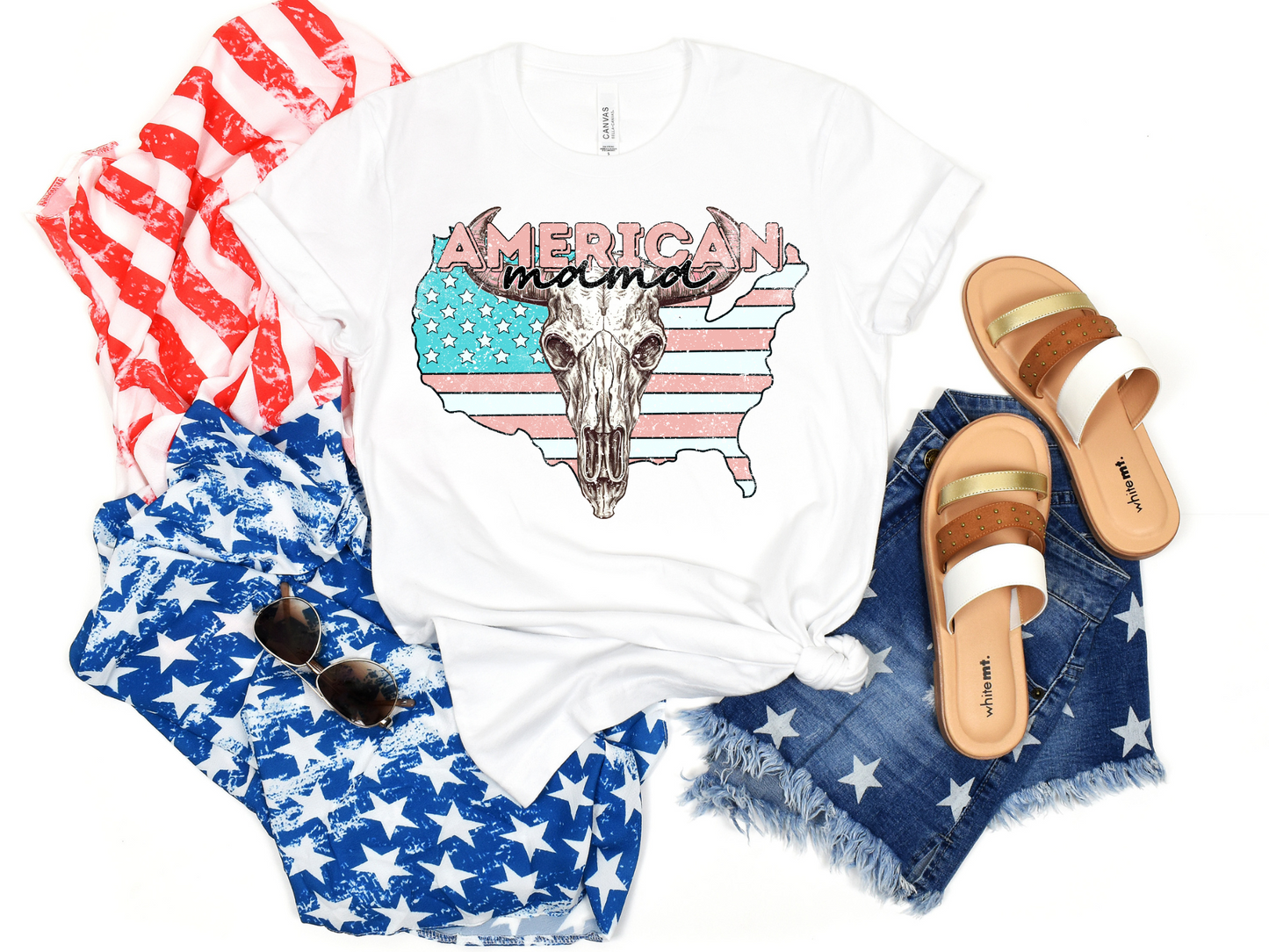 American Mama Bull Skull Flag United States