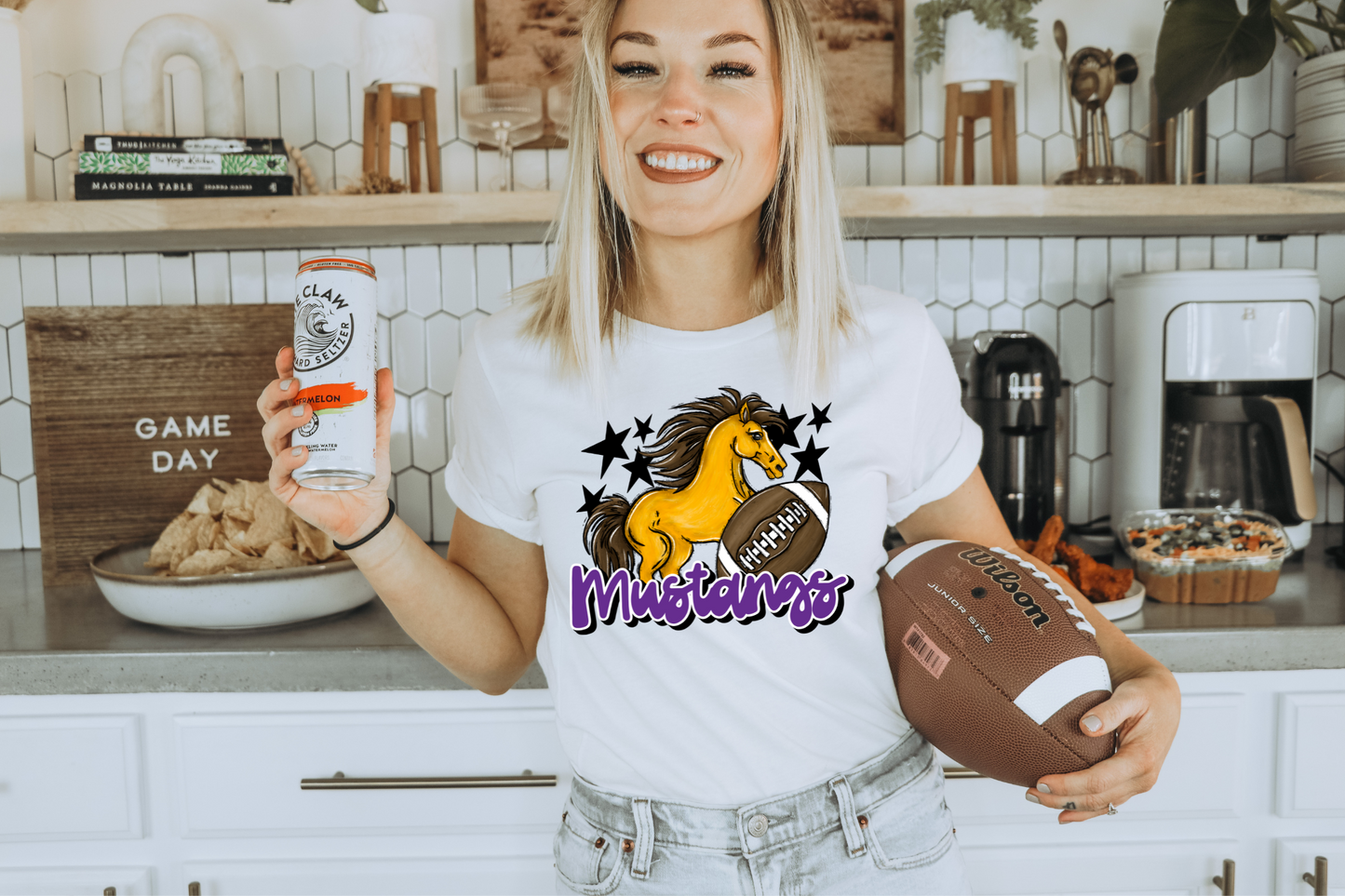 Mustangs with mascot- purple letters