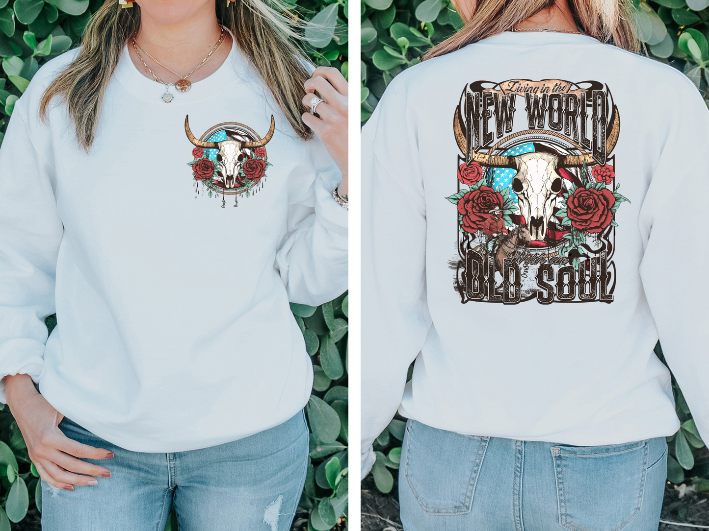 Bull skull with American flag and roses - front