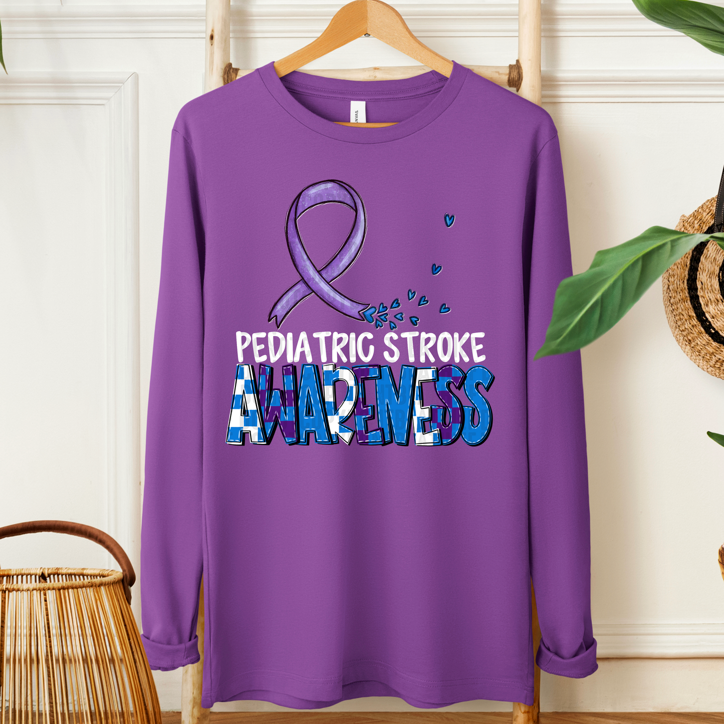 Pediatric Stroke Awareness-white (checkered purple/blue)