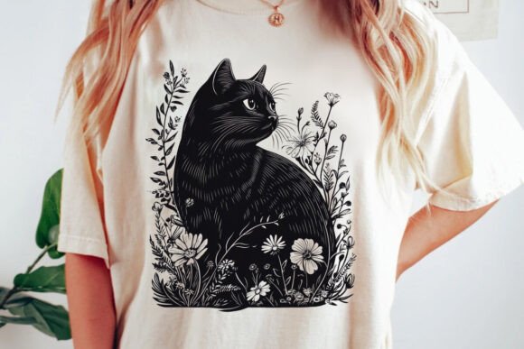 Black Cat And Flowers