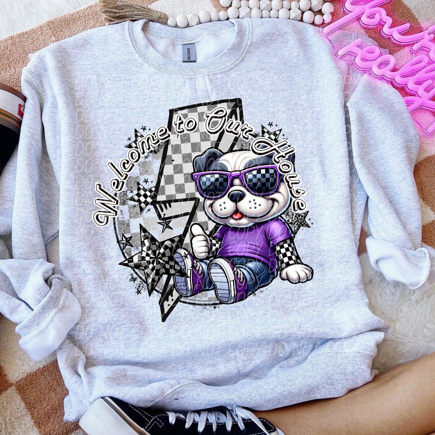 Welcome to our house bulldogs purple (checkered)