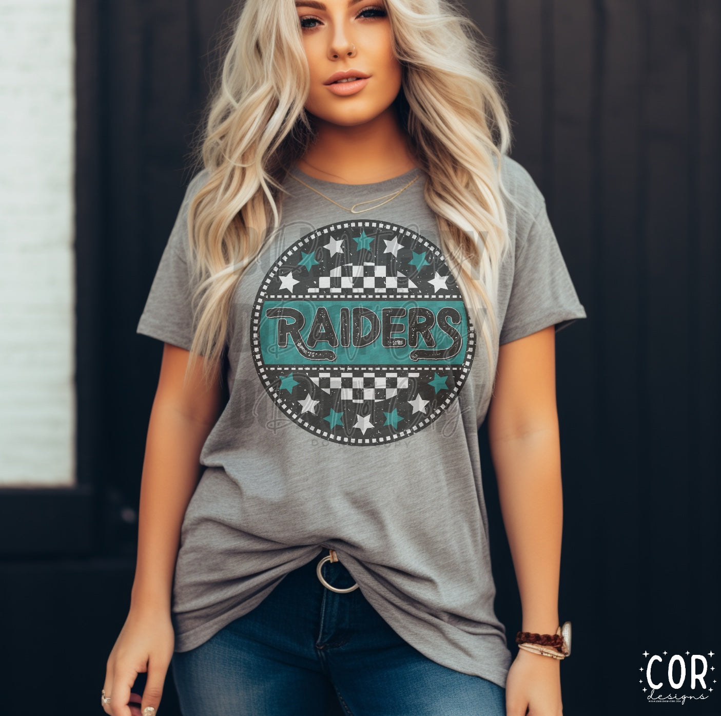 Raiders White And Coastal Blue Stars With Checkered Circle