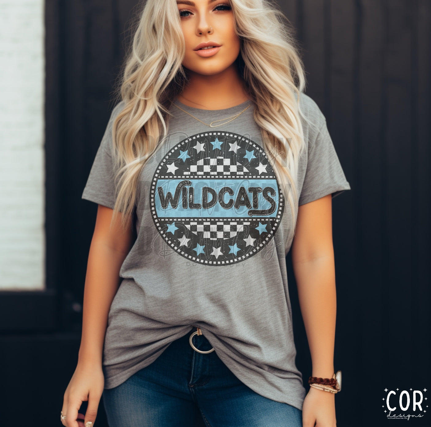 Wildcats White And Coastal Blue Stars With Checkered Circle