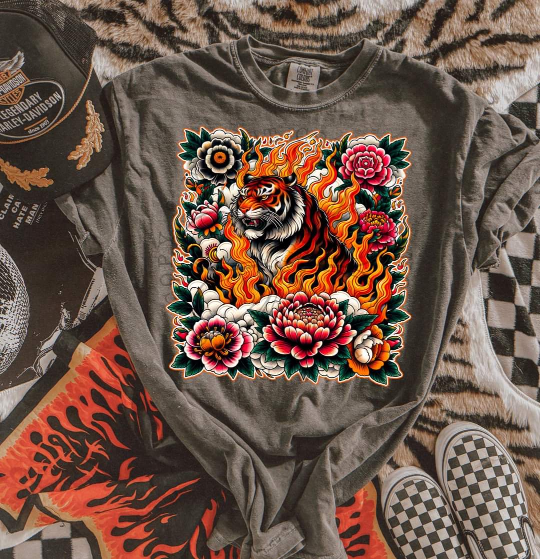 Tiger On Fire Flowers