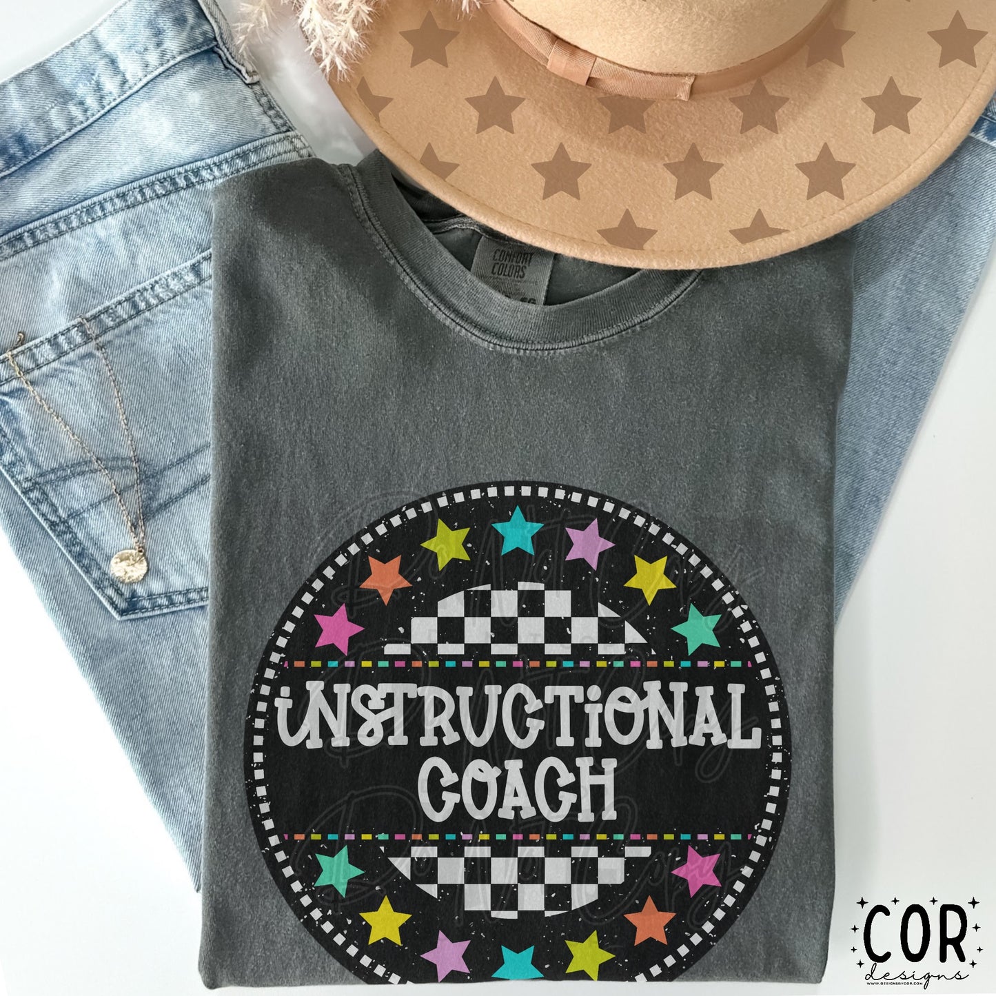 Instructional Coach Colored Stars Checkered Circle