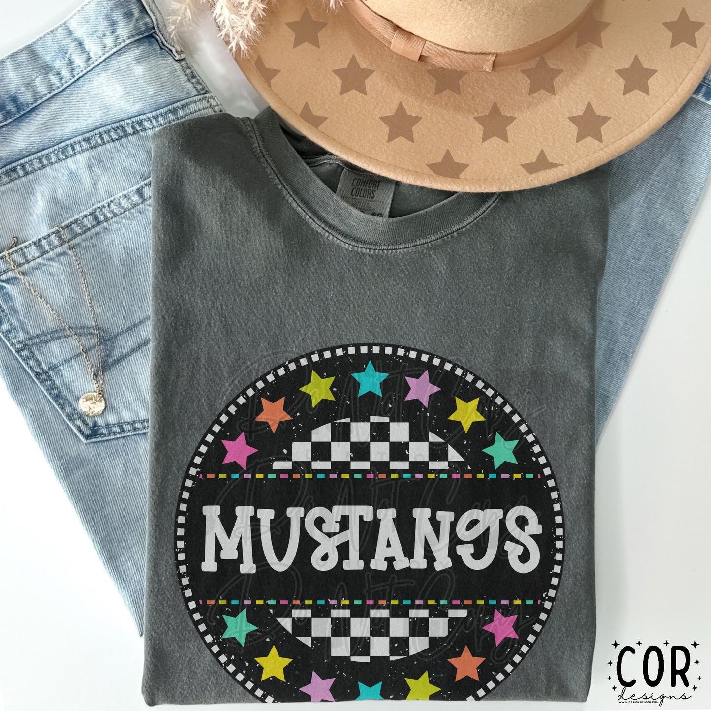 Mustangs Colored Stars With Checkered Circle