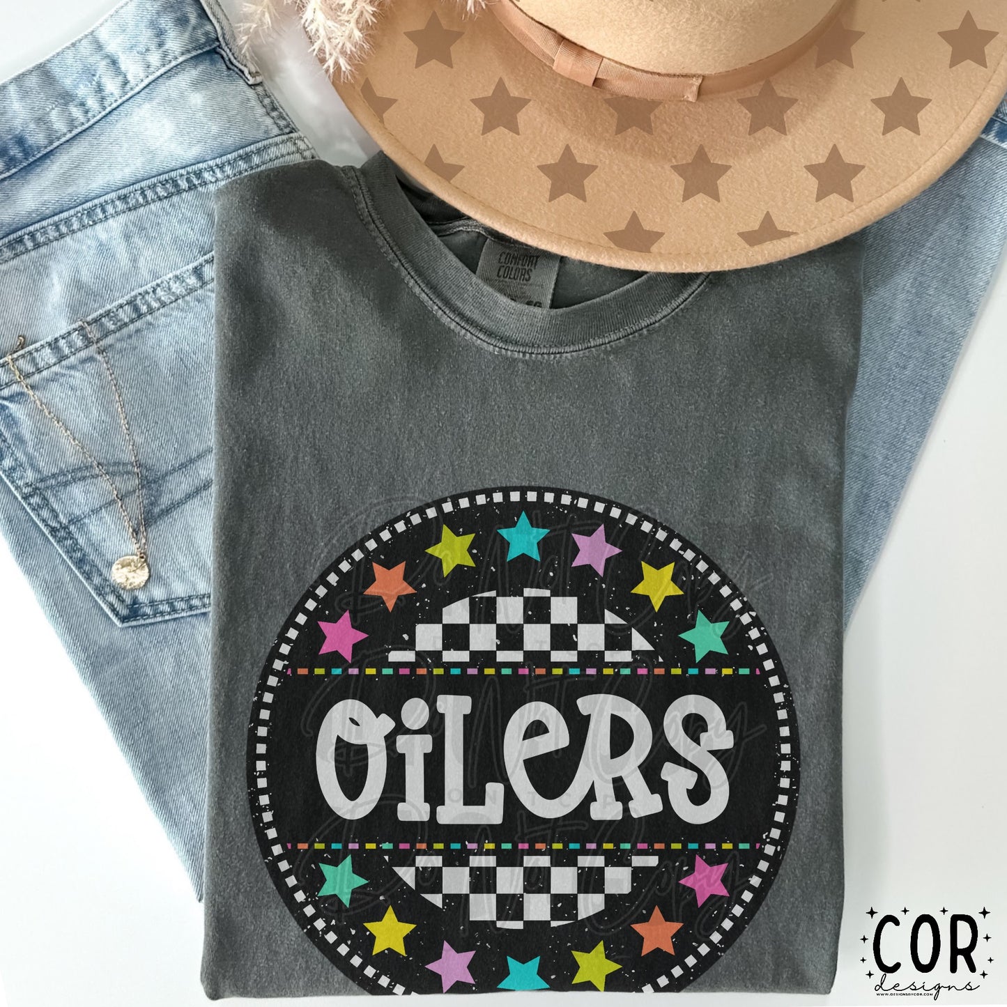 Oilers Colored Stars With Checkered Circle