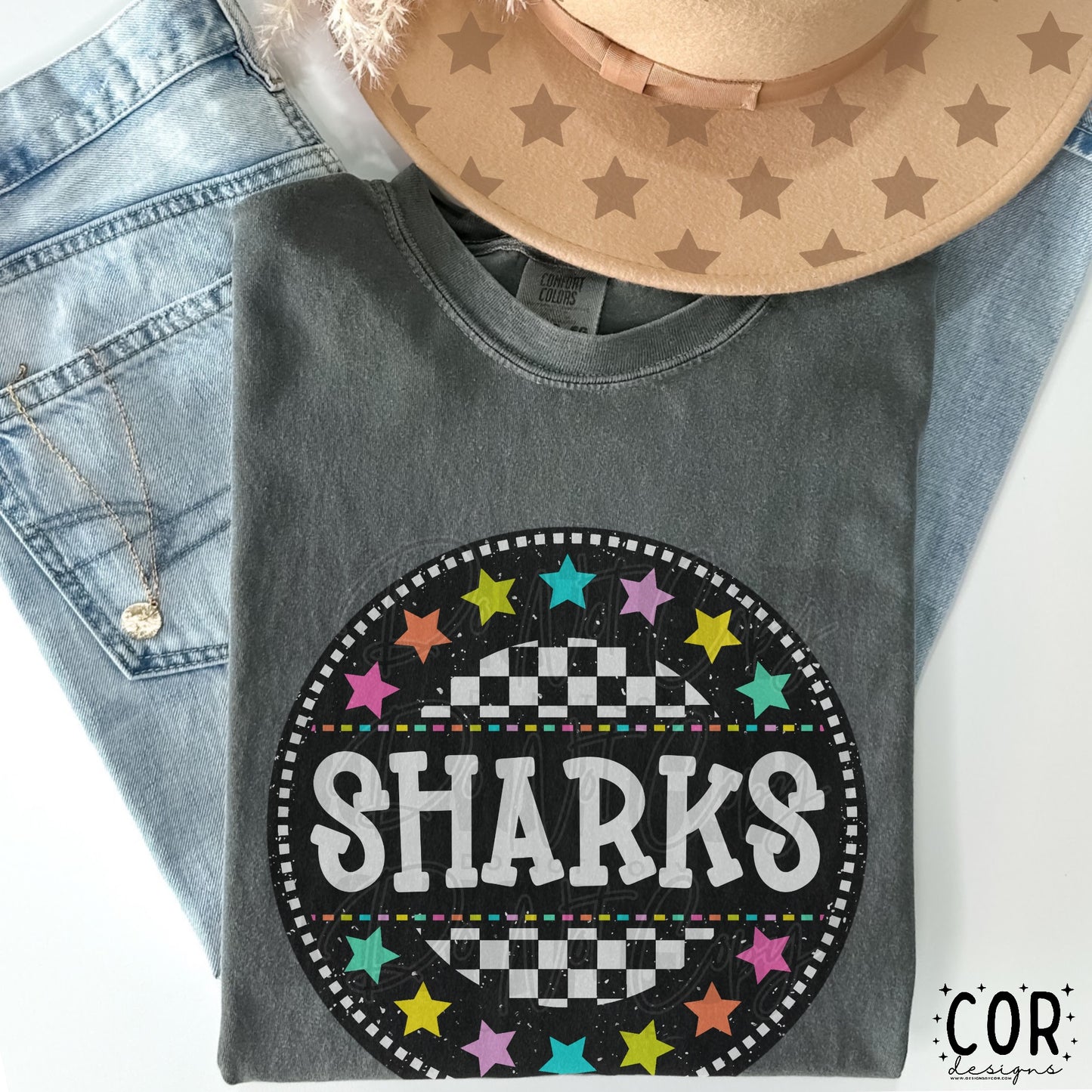 Sharks Colored Stars With Checkered Circle