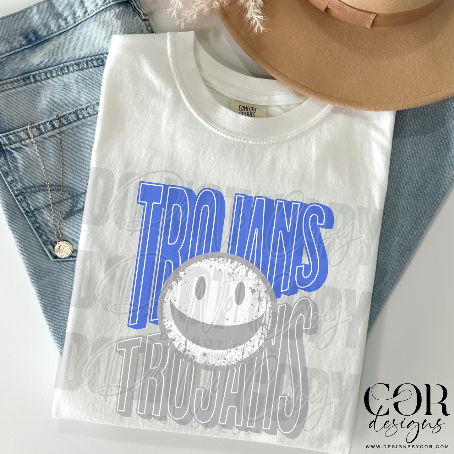 Trojans Blue And Silver Smiley Face
