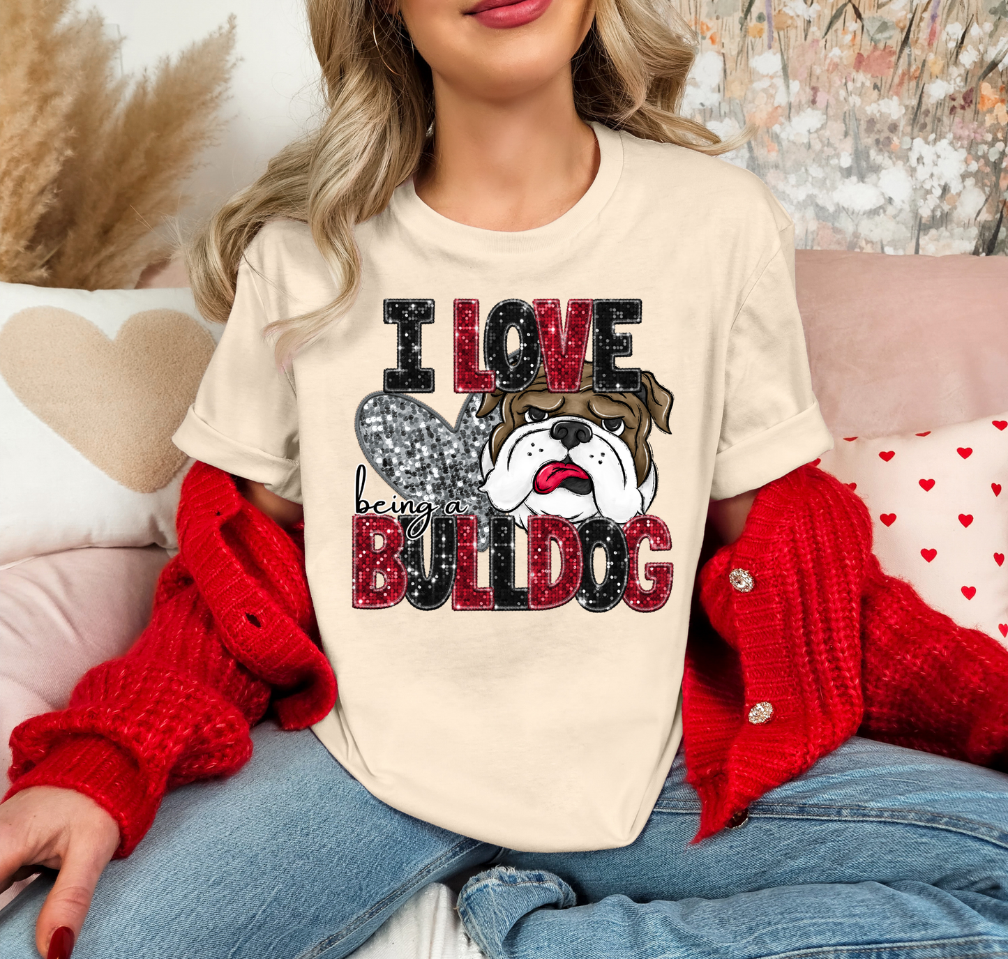 I Love Being A Bulldog Red Sparkles Silver Heart