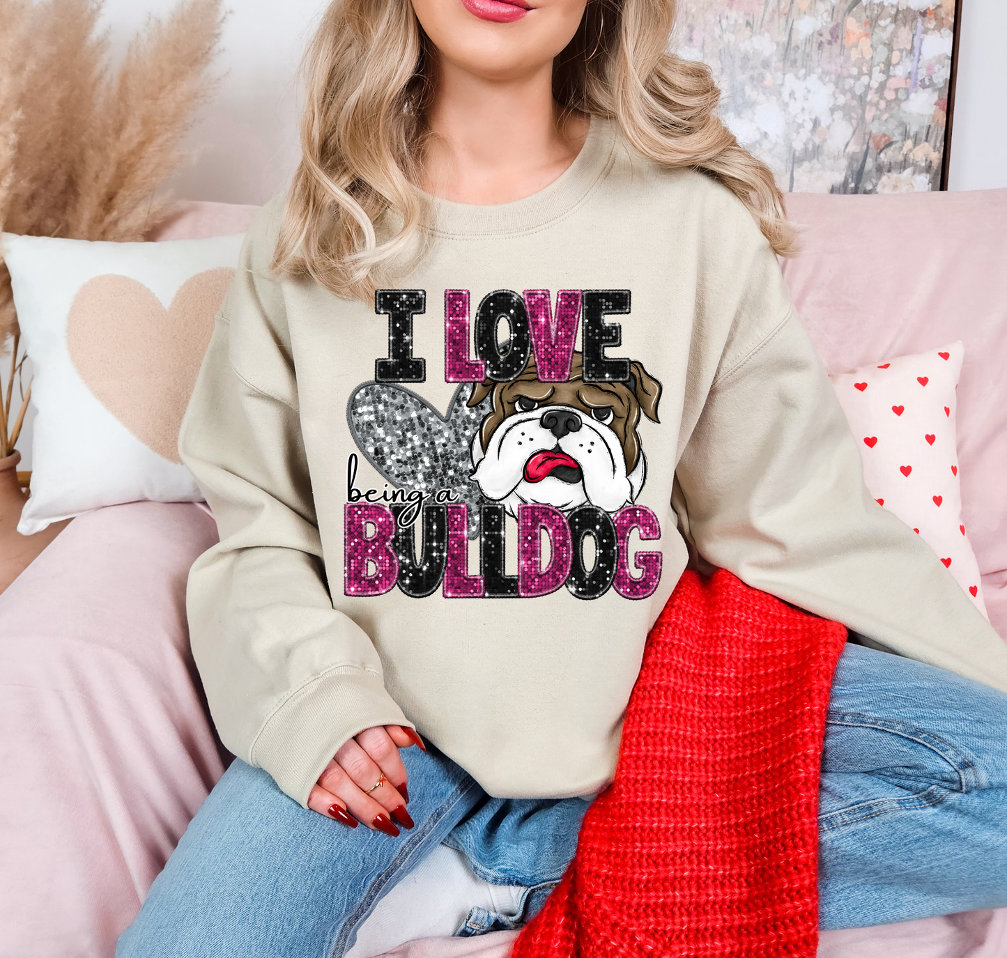 I Love Being A Bulldog Pink Sparkles Silver Heart