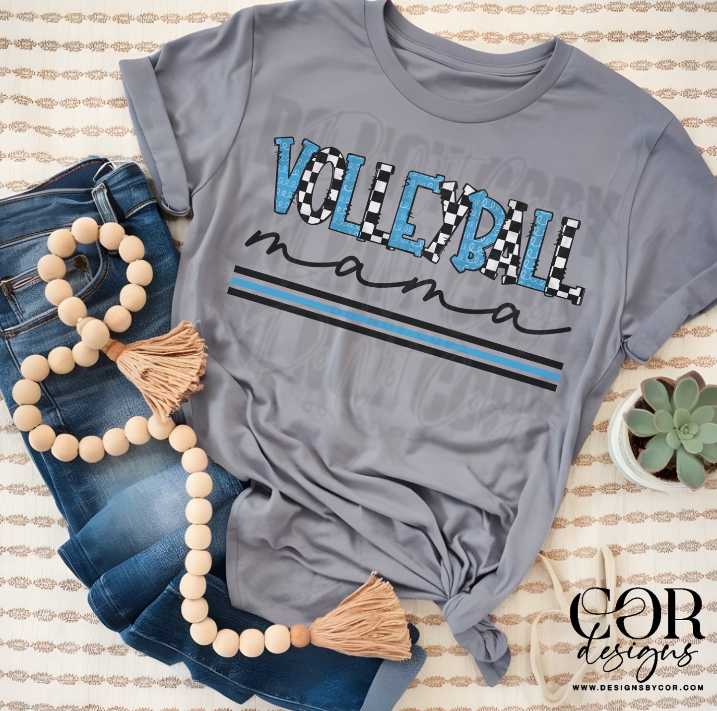Volleyball Mama Checkered And Carolina Blue