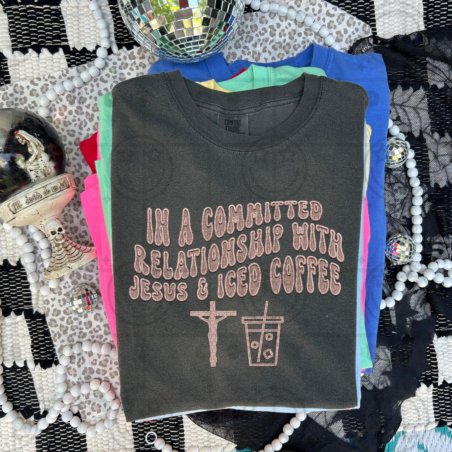 In a committed relationship with Jesus & iced coffee (mauve)