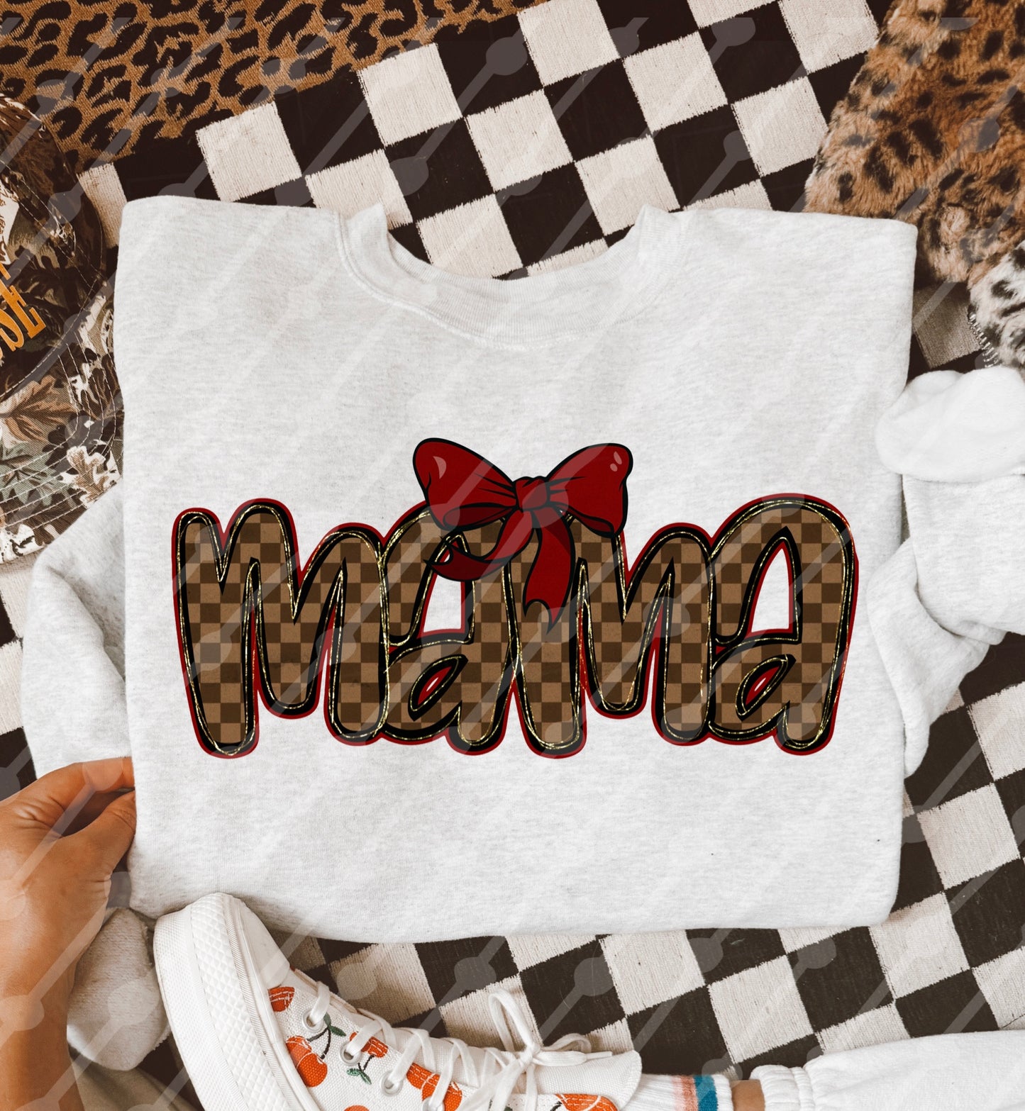 Baseball Mama w/Bow (brown checkered)
