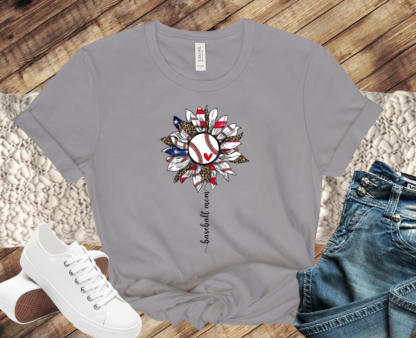 American Flag Baseball Mom Leopard Sunflower