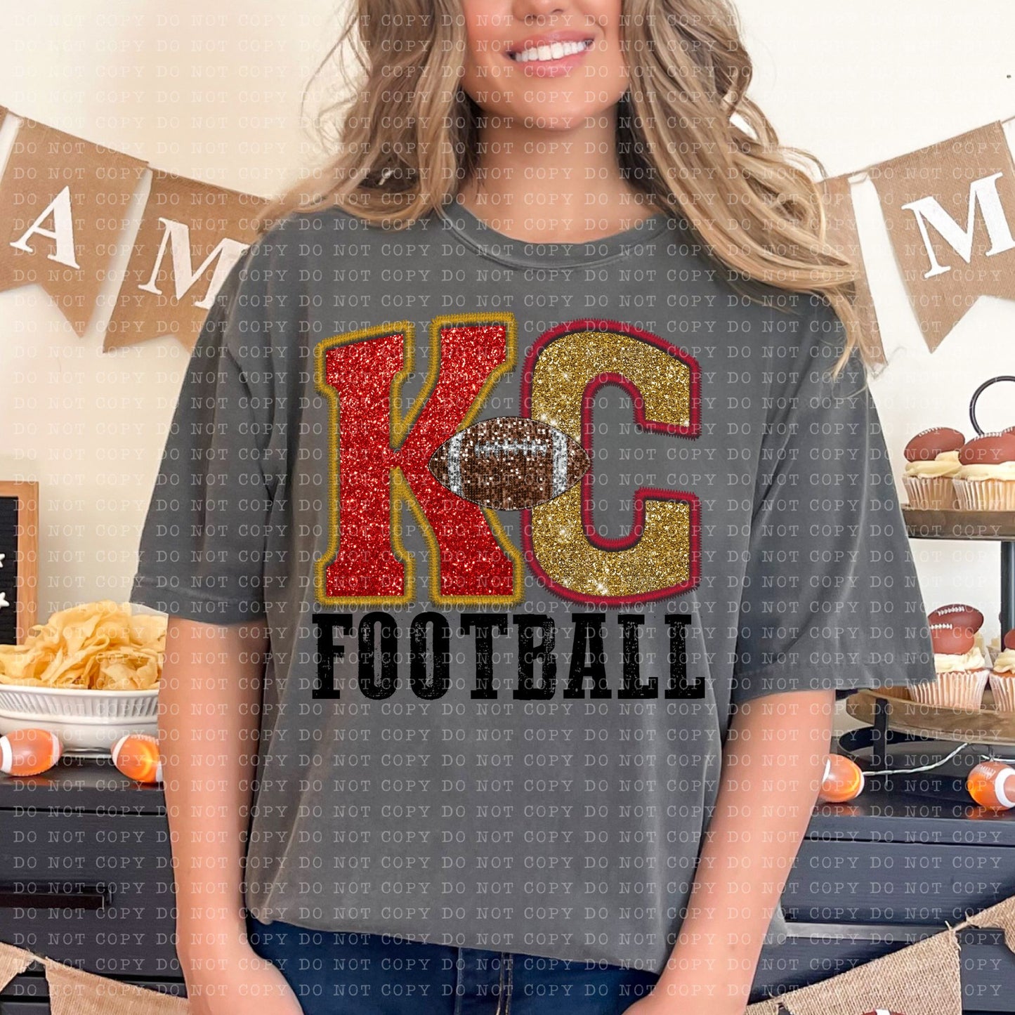 Faux Embroidery Sequin Red Gold KC football