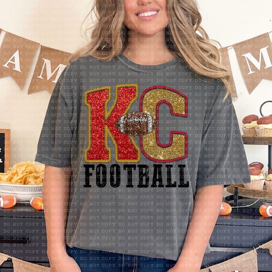 Faux Embroidery Sequin Red Gold KC football