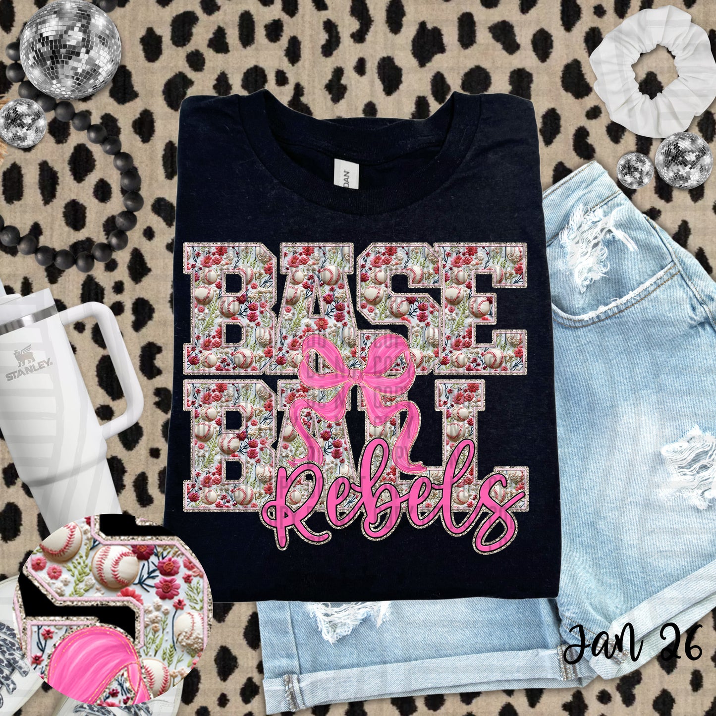 FLORAL REBELS BASEBALL PINK BOW