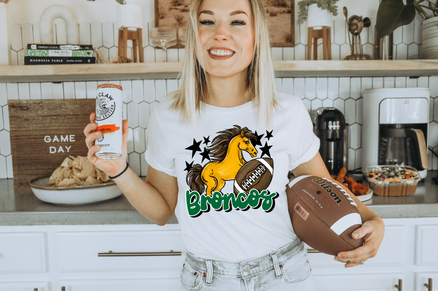 Broncos with mascot- green letters