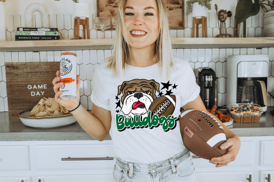 Bulldogs with mascot- green letters