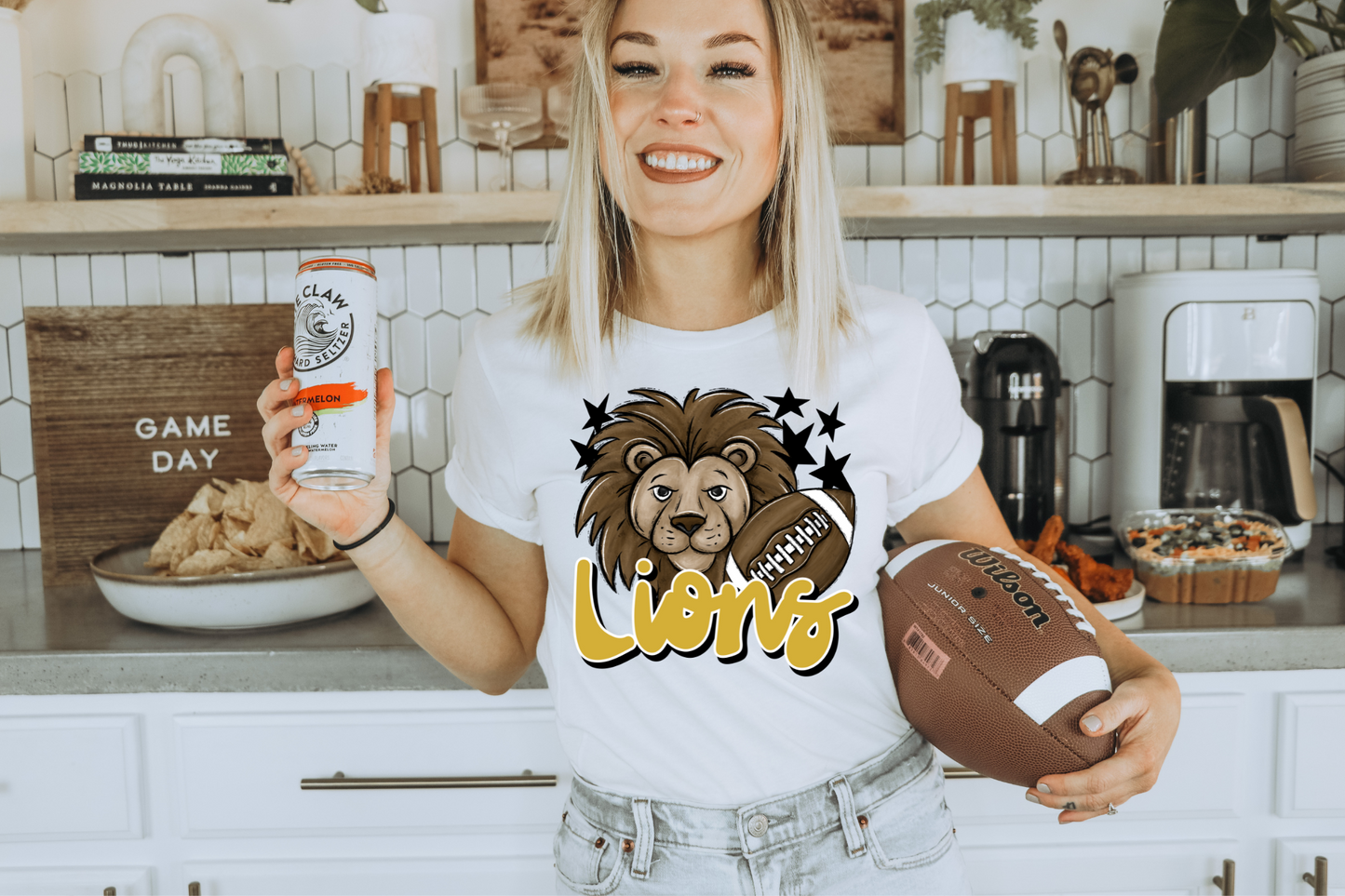 Lions with mascot- yellow letters