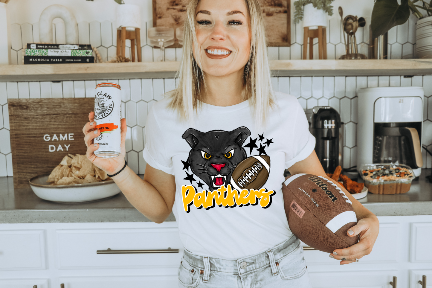 Panthers with mascot- yellow letters