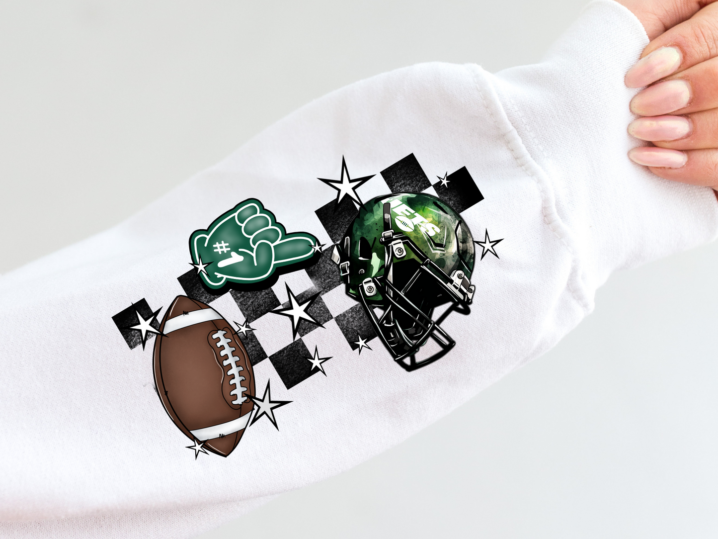 Jets helmet, foam finger, football & black checkered - sleeve