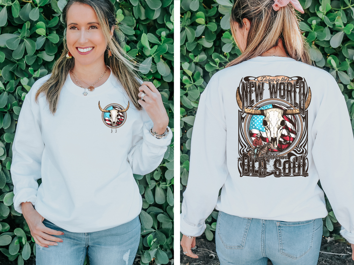 Living in the new world with an old soul, Bull skull with American flag - back