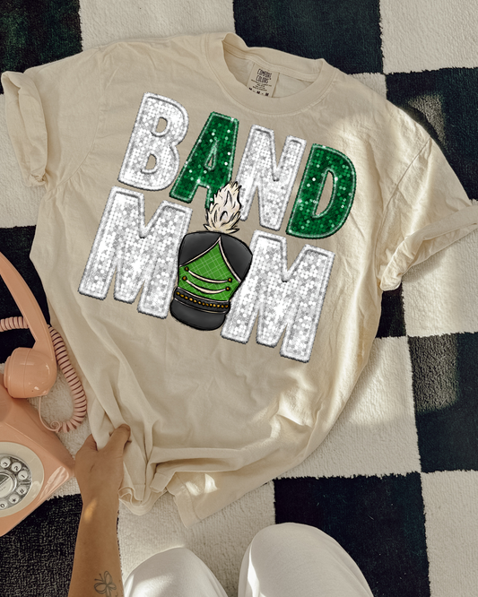 Band Mom White And Green Glitter