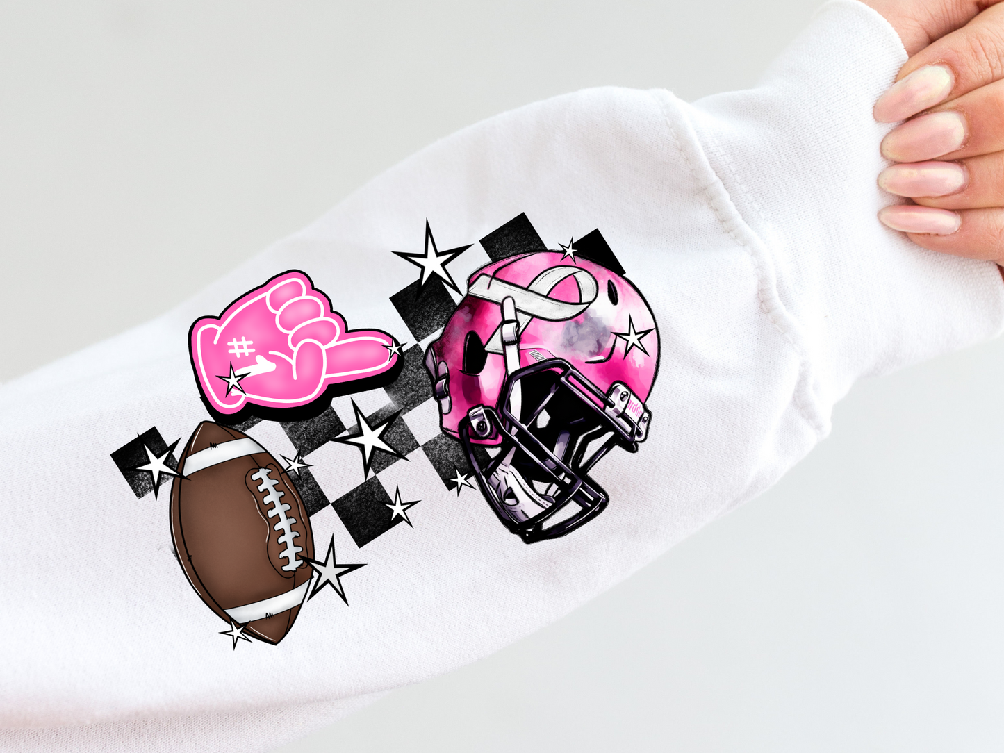 Breast cancer helmet, foam finger, football & black checkered - sleeve