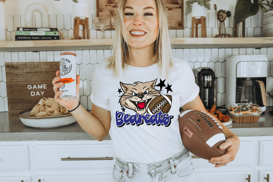 Bearcats with mascot- blue letters