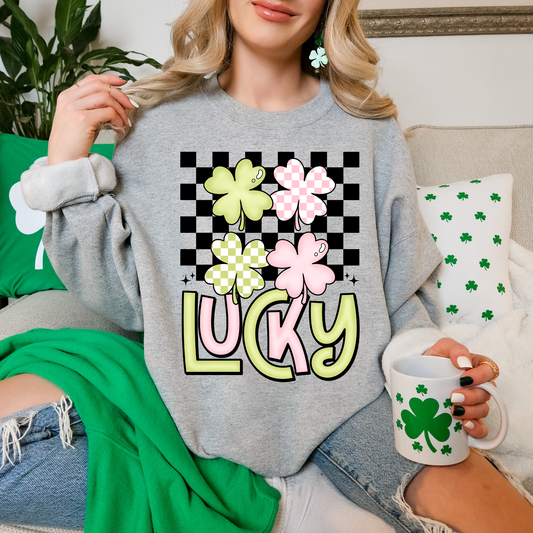 Lucky With Clovers And Checkered Background