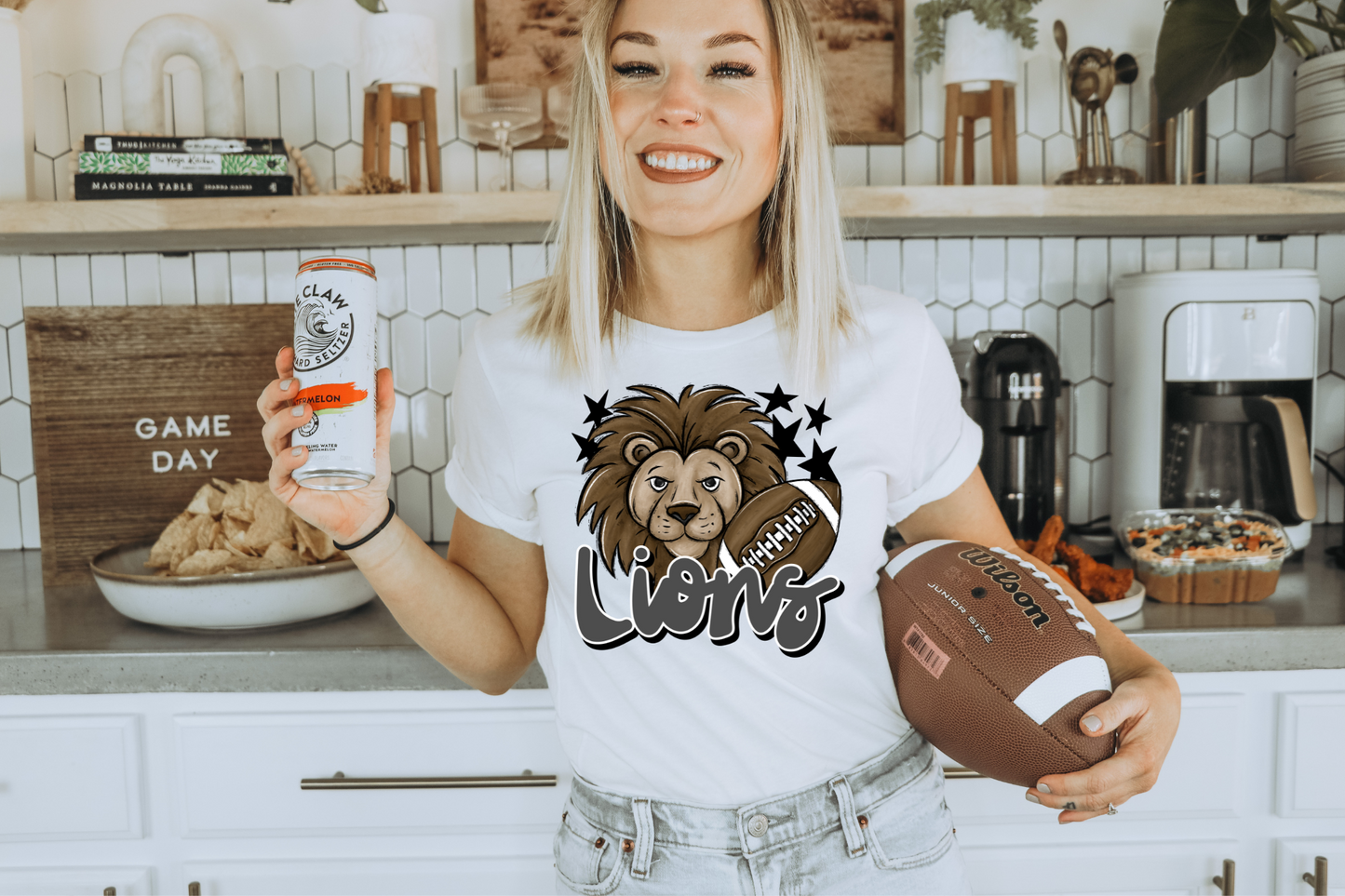 Lions with mascot- grey letters