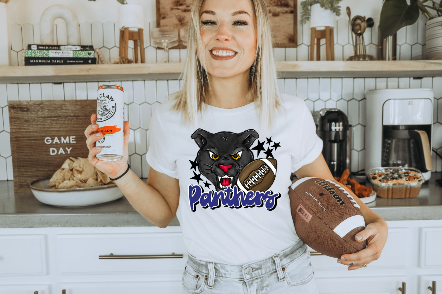 Panthers with mascot- blue letters
