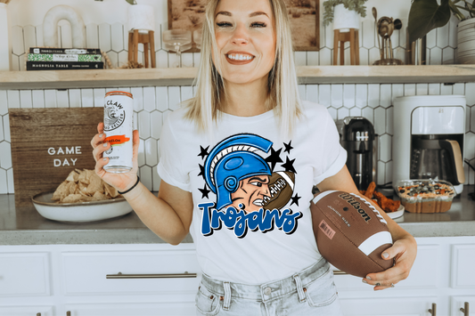 Blue Trojans with mascot