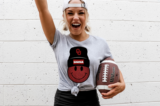OU smiley beanie- red cheetah print