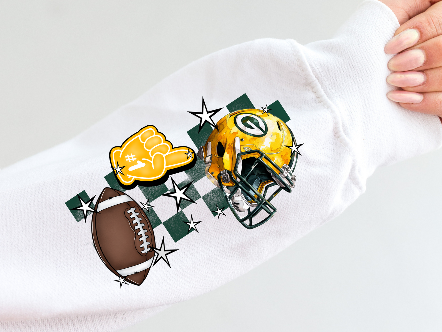 Packers helmet, foam finger, football and green checkered - sleeve