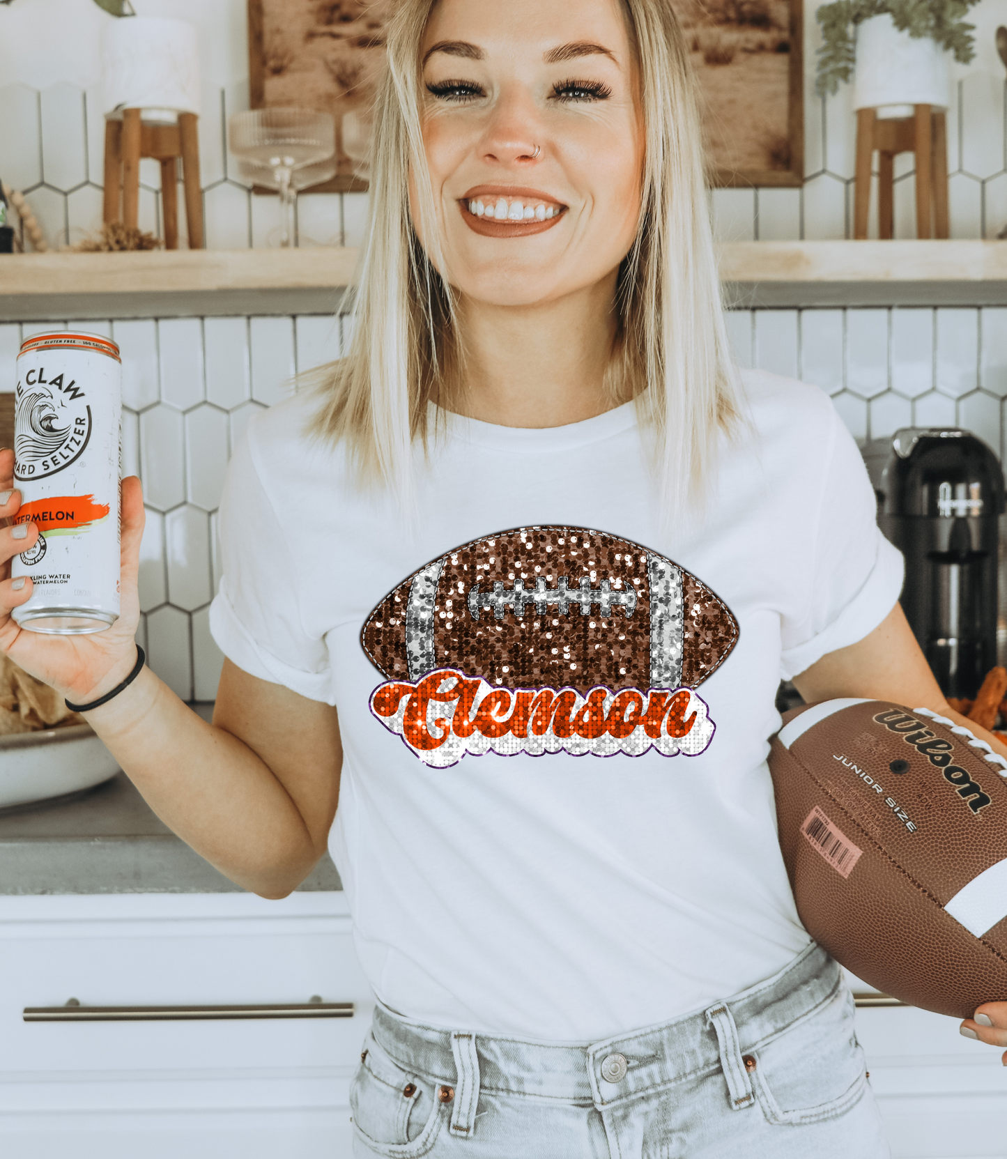 Clemson, sequin - football orange & white
