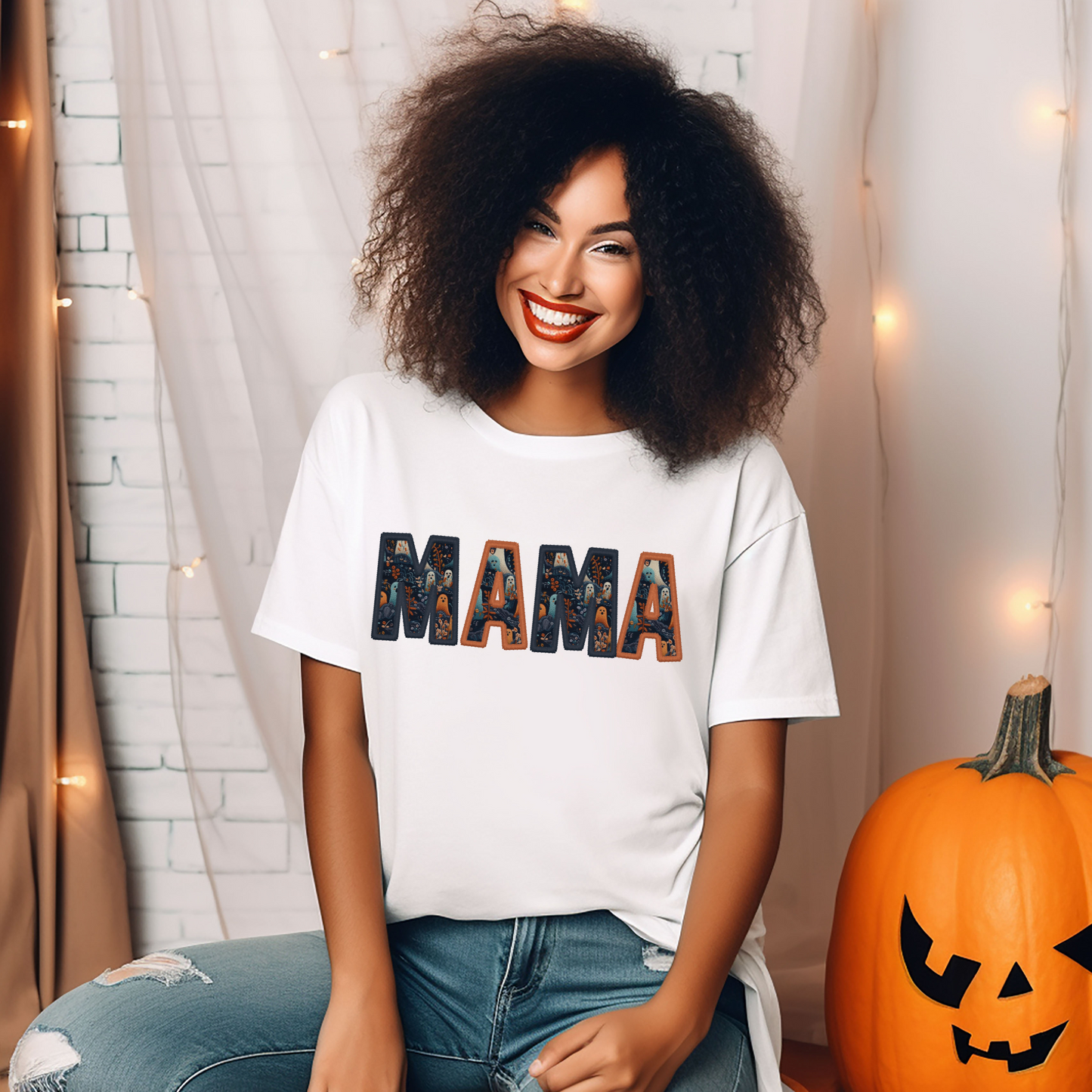 Mama- orange and blue outline with ghosts