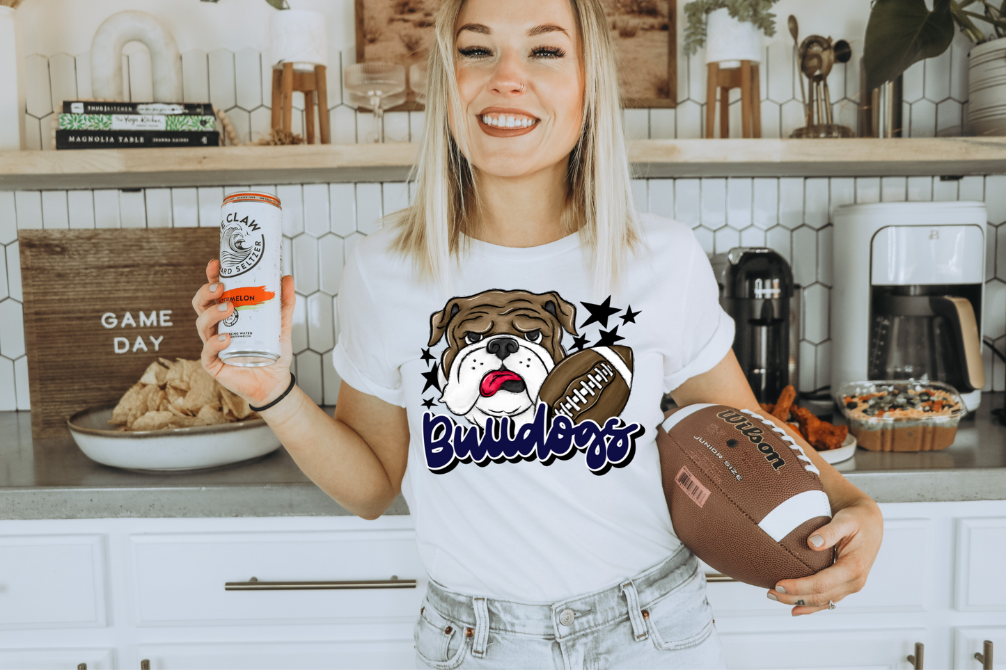 Bulldogs with mascot- dark blue letters