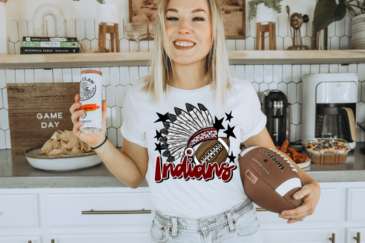Indians with headdress- maroon letters