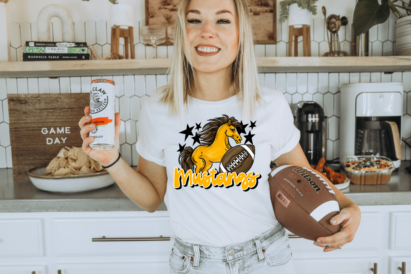 Mustangs with mascot- dark yellow letters