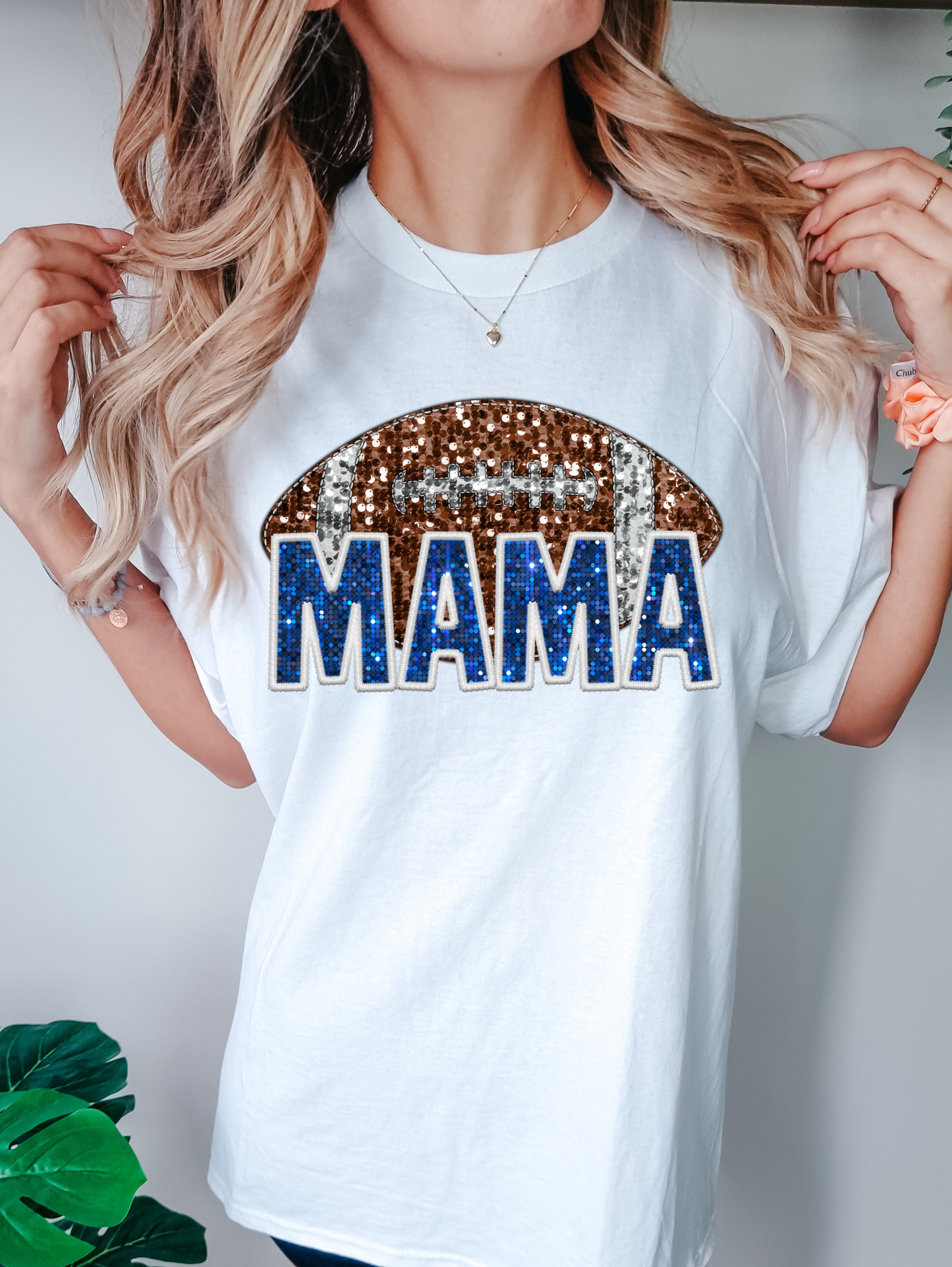 Mama with football - faux sequin and blue